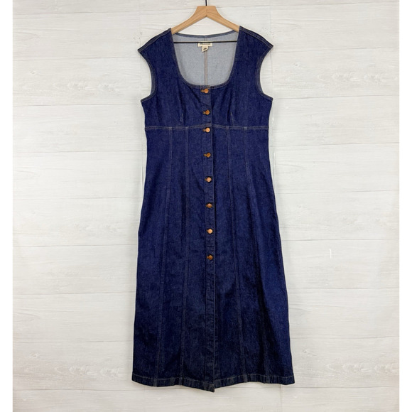 Madewell Y2K Denim Midi Dress Size 14 Benton Wash Blue Square Neck Button Front - Picture 2 of 13